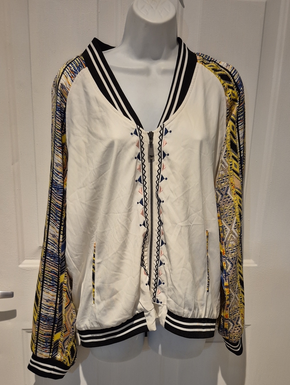 BKE White Bomber Jacket with Yellow & Blue Patterned Sleeves